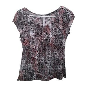 Cache Bouse Women Sz:1 Black Red White Short Sleeve Animal Print Spotted Zip Top